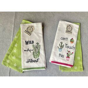Cypress Set Of 4 Cactus Embroidered Cotton Tea Towels 18x24 & 26x19 Gift NWT